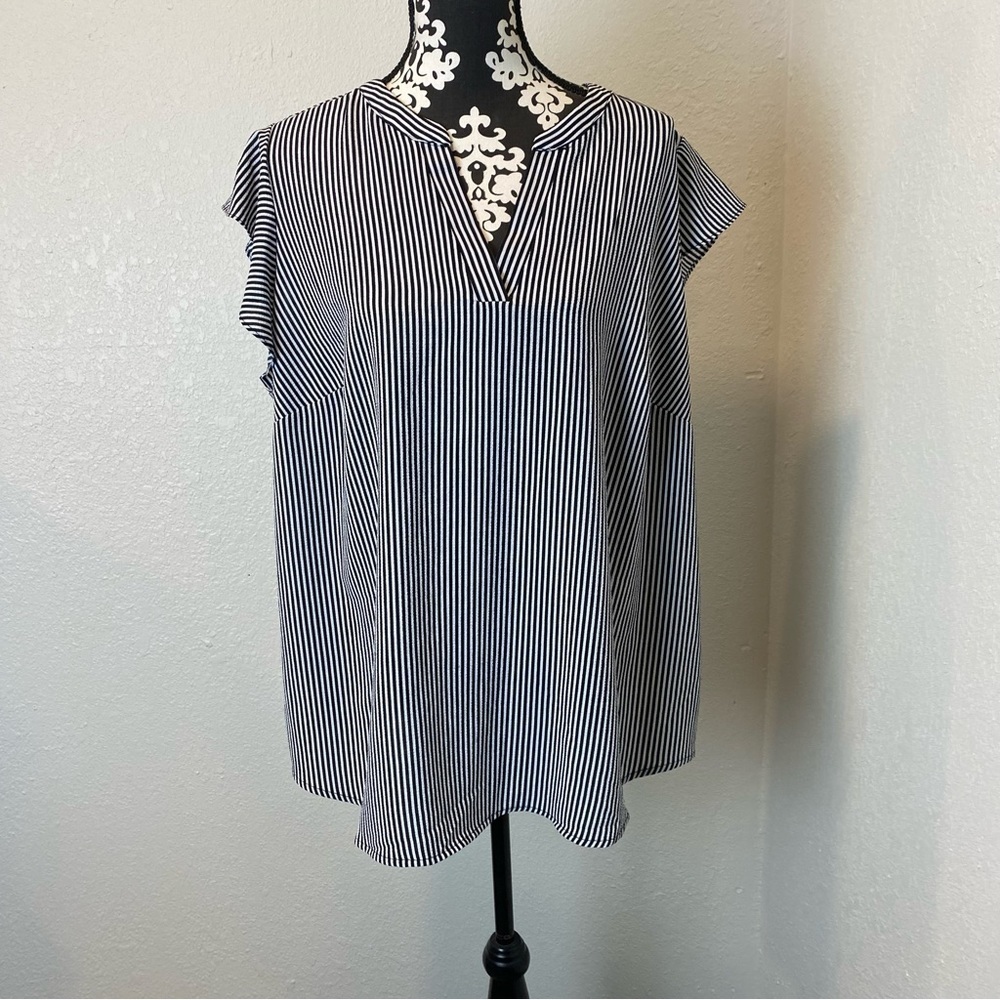 Adrianna Papell Stripped Flutter Sleeve V-neck Blouse